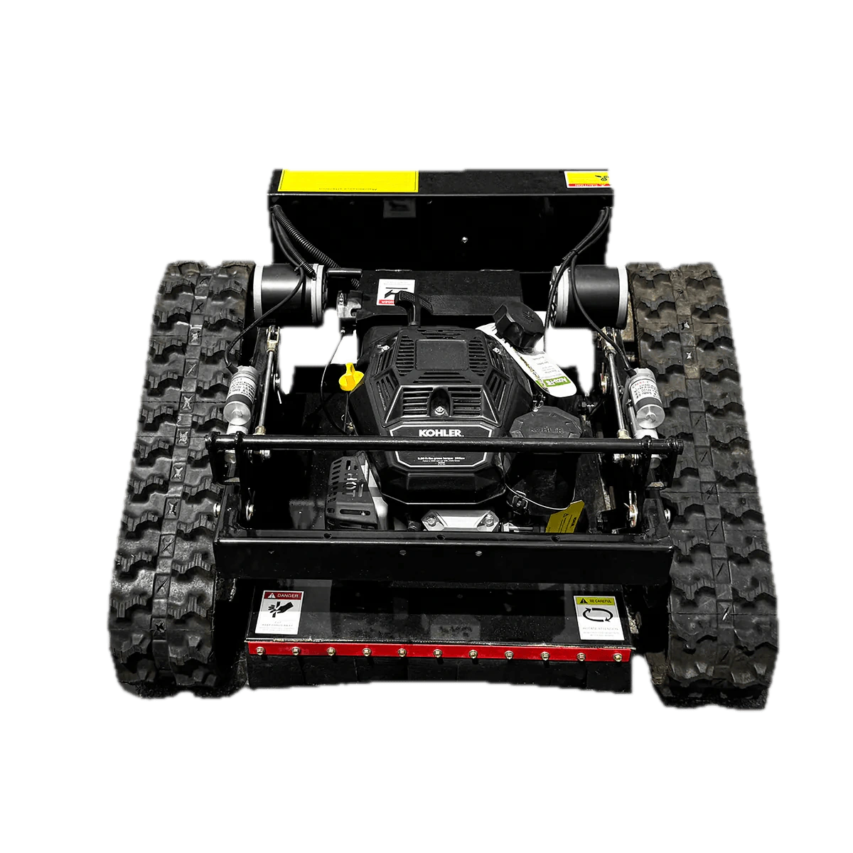 Tracked remote mower shown from the front as an isolated product view