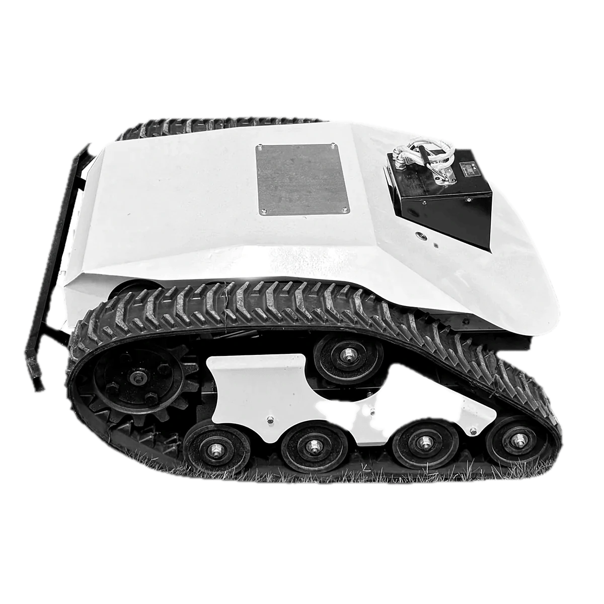 White compact electric tracked mower shown as an isolated product view