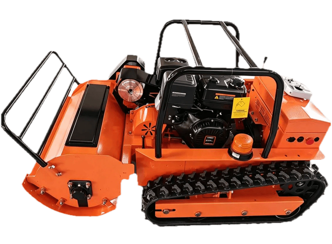 Orange heavy-duty tracked mower shown as an isolated product view