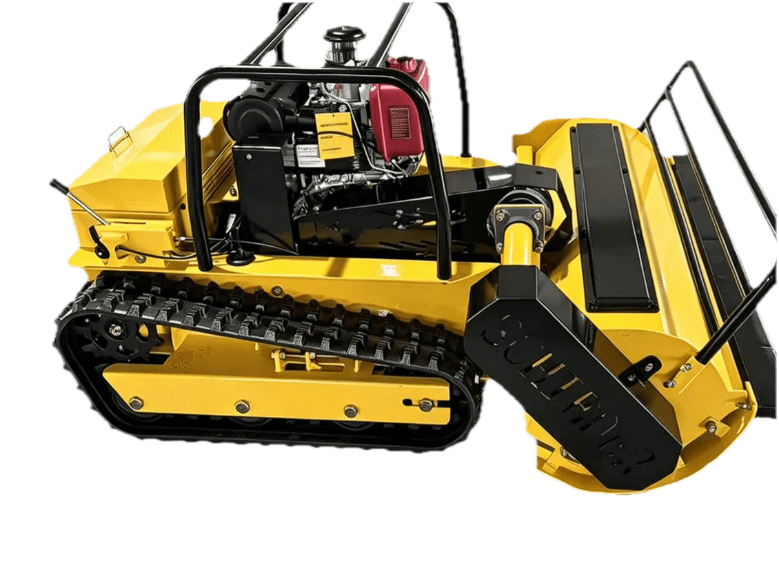Yellow heavy-duty tracked mower shown as an isolated product view