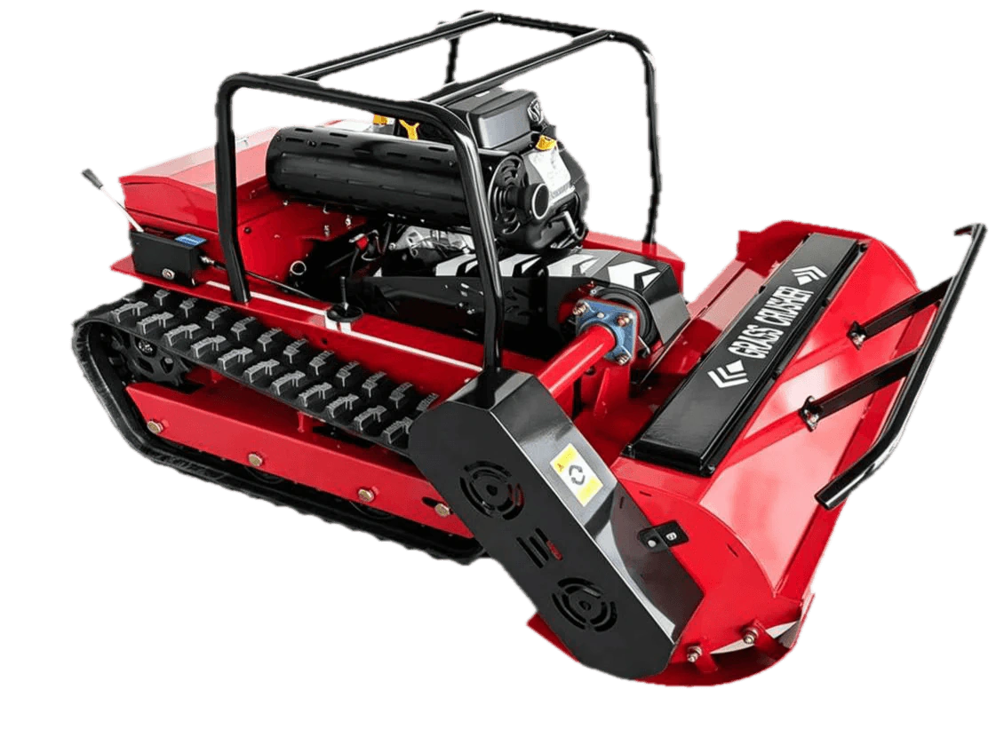 Red heavy-duty tracked mower shown as an isolated product view