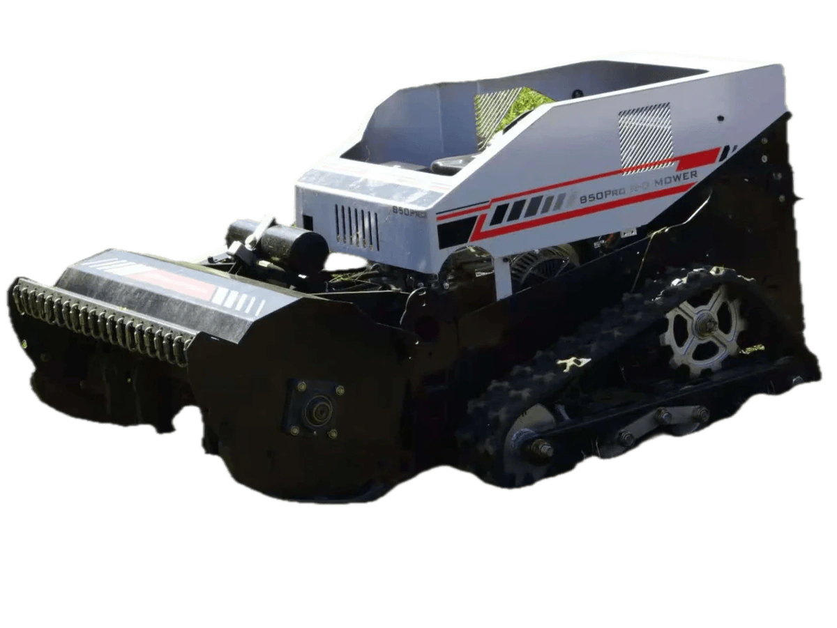 White tracked flail mower shown as an isolated product view