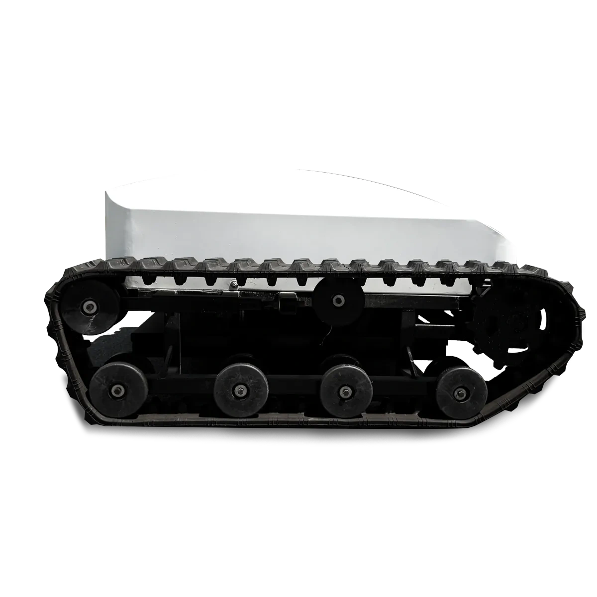White lithium-electric tracked mower shown as an isolated product view