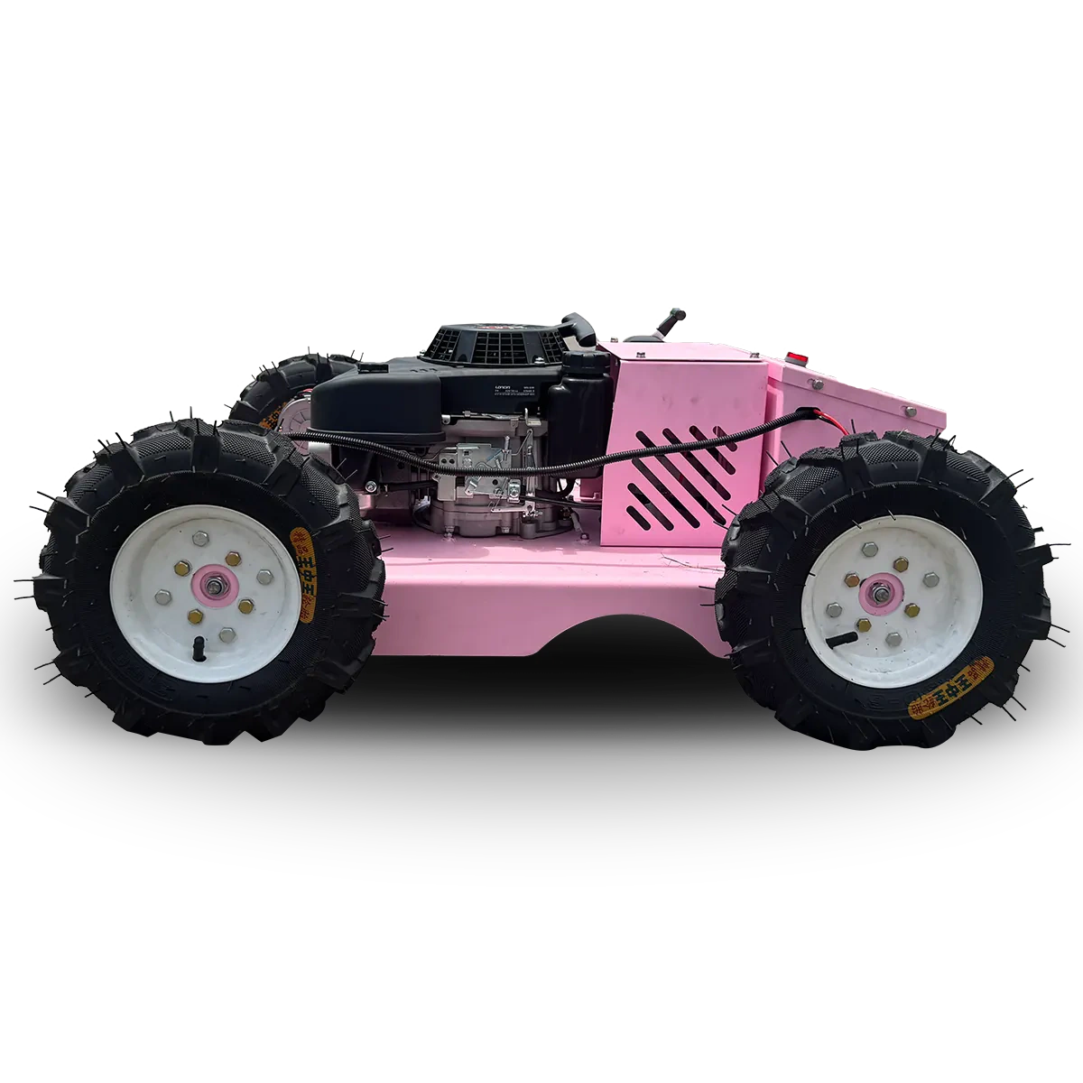 Pink wheeled remote mower shown as an isolated product view