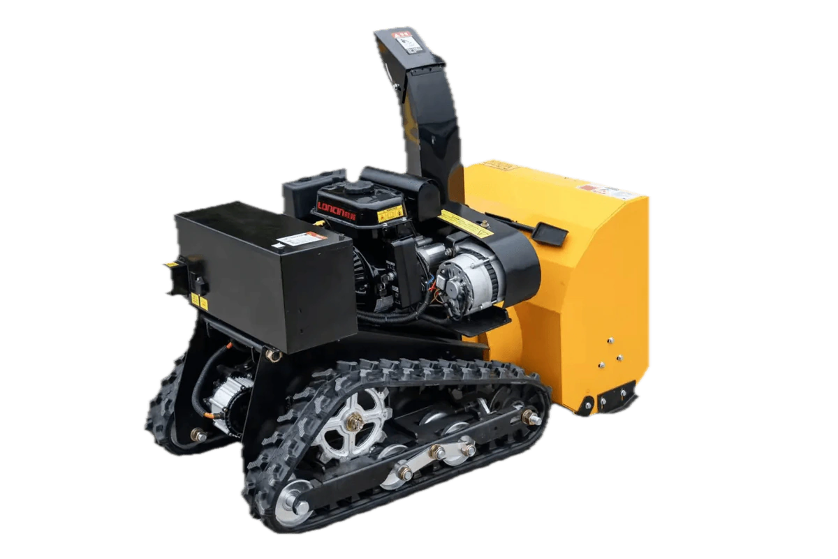 Yellow tracked remote snow blower shown as an isolated product view