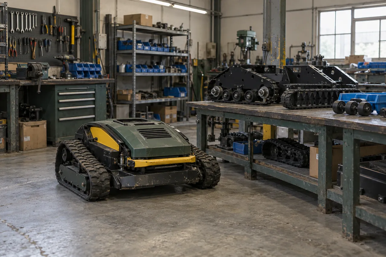 AI illustration of a compact tracked mower and chassis components in a worn assembly workshop