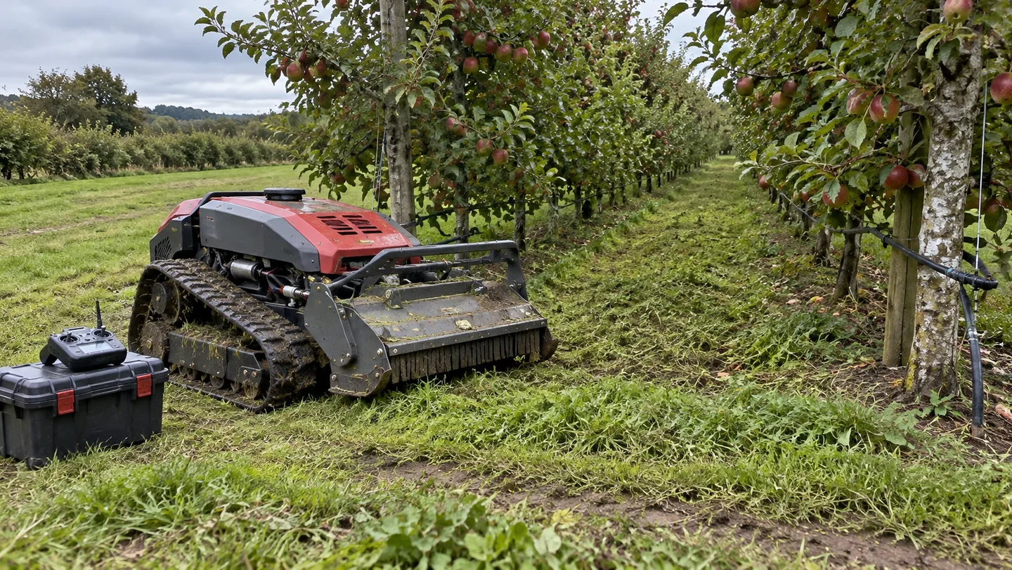 Tracked remote-control mower beside low apple branches and irrigation tubing.