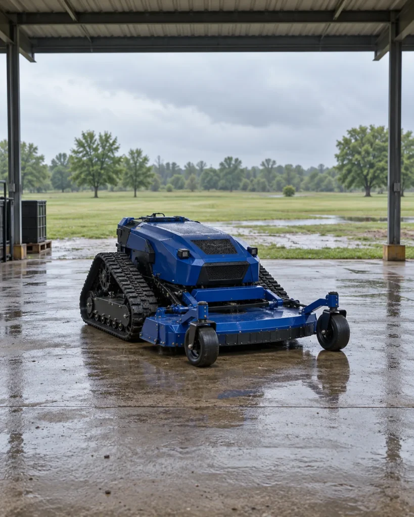 Blue tracked remote control mower parked under shelter on wet concrete beside a rain-soaked grassy field.