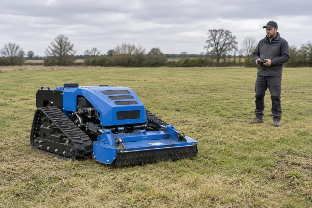 Operator holding a handheld controller near a blue tracked remote control mower in an open grassy field.