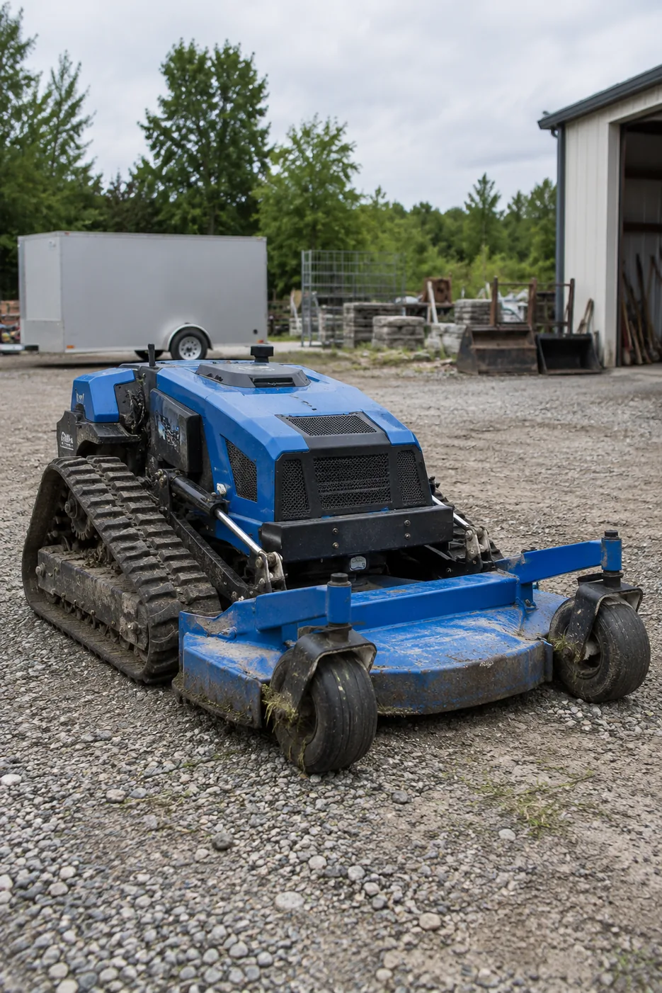 Blue tracked lawn mower with a front-mounted cutting deck parked on gravel.