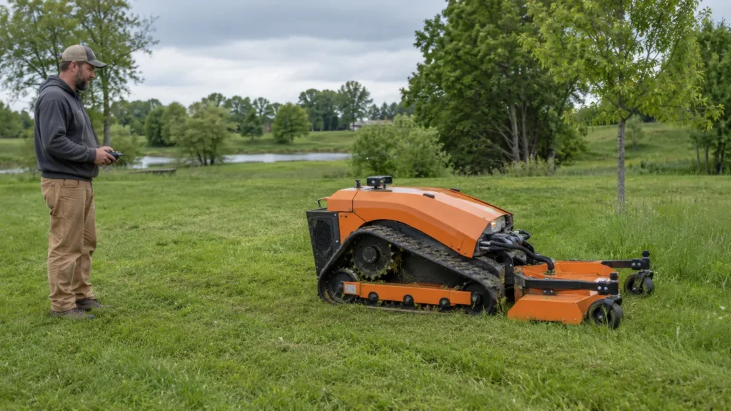 Operator holding a handheld controller beside an orange tracked remote control mower on grass.
