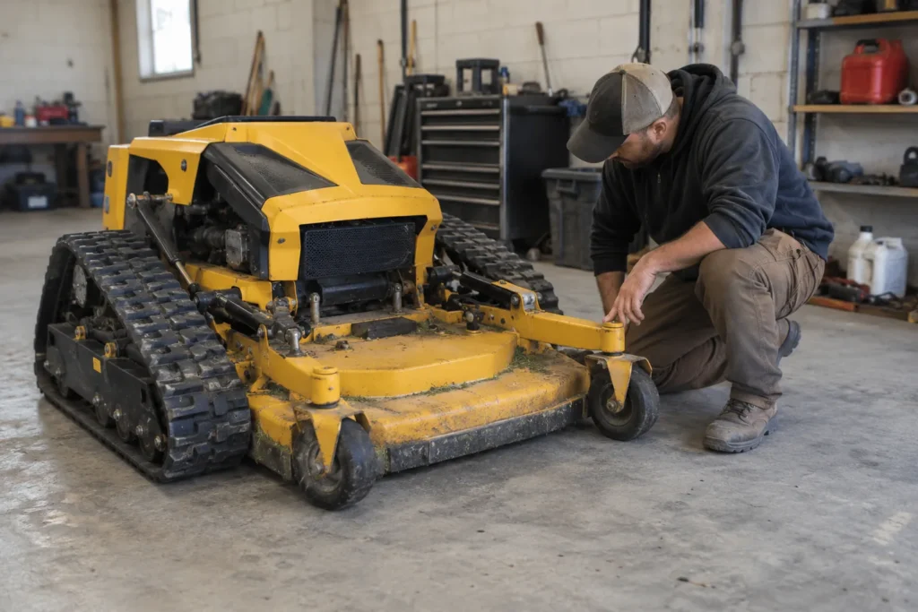 Yellow tracked mower with a person inspecting its front cutting deck in a workshop.
