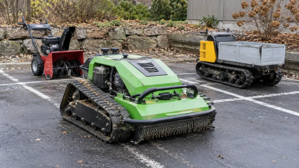Green tracked mower parked separately from a snow blower and a tracked utility carrier.