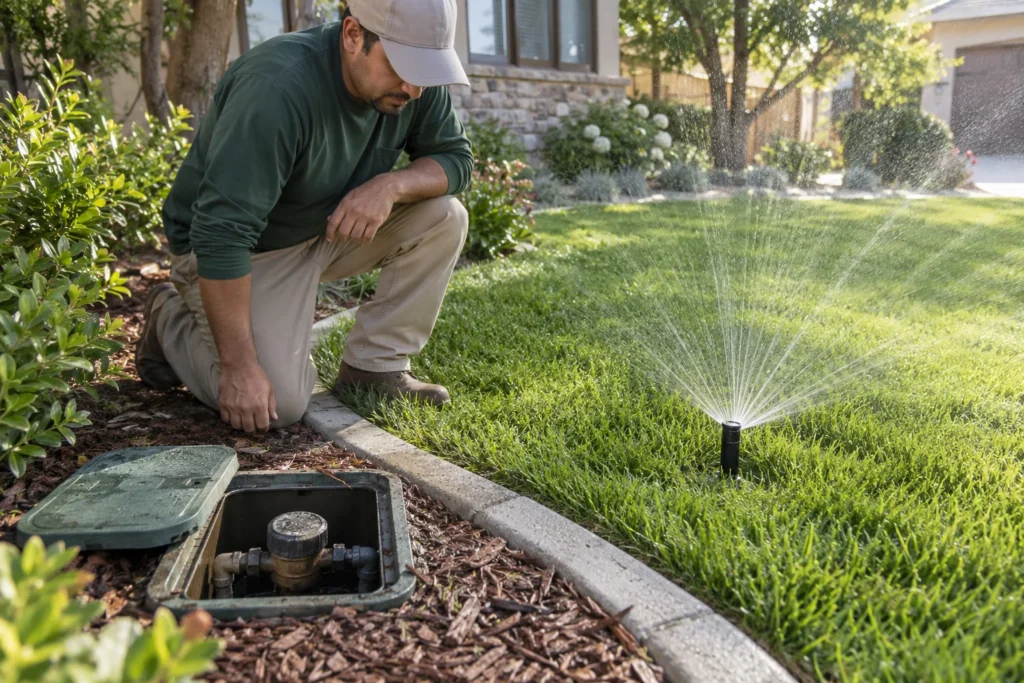 Groundskeeper kneeling beside a lawn sprinkler and utility meter box