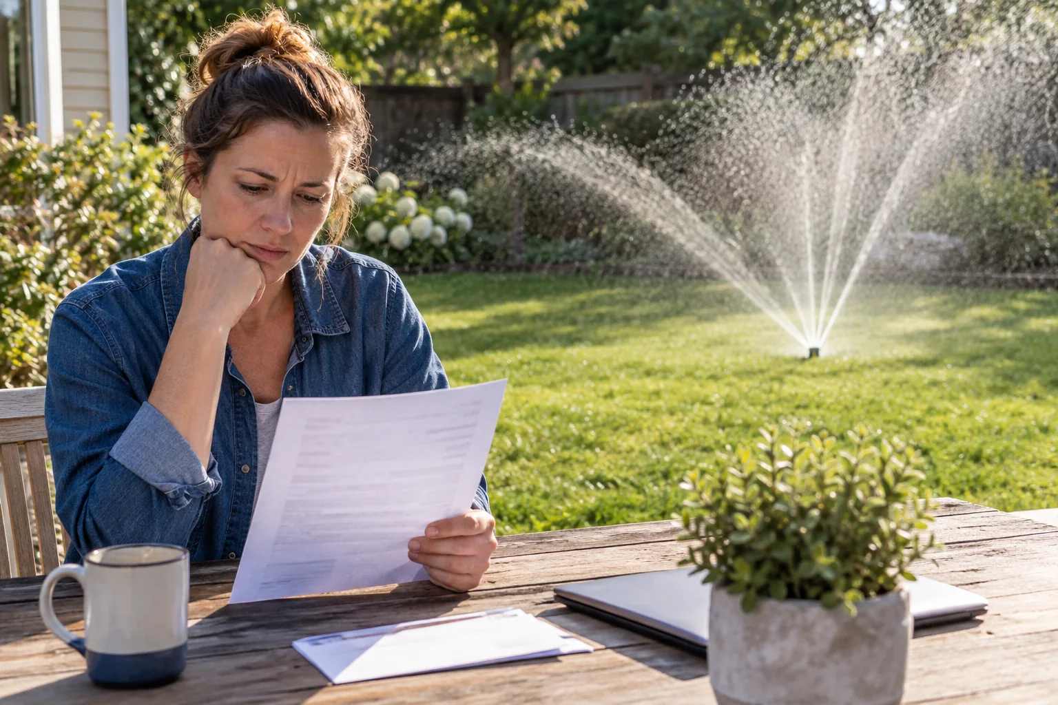 Homeowner reviewing a water bill beside an active lawn sprinkler