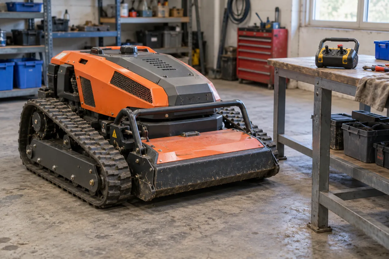 AI illustration of a powered-off tracked mower and separate remote controller in an equipment workshop.